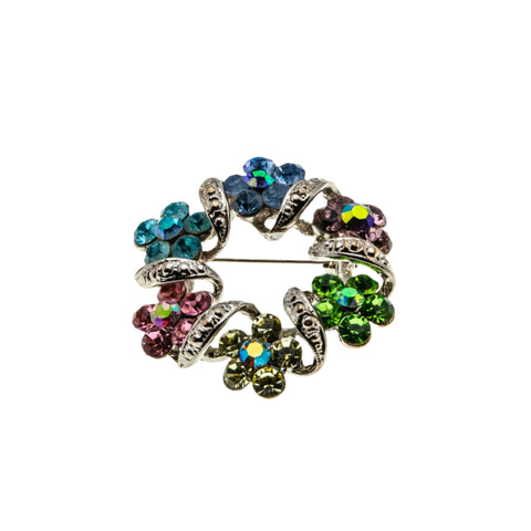 Pastel Wreathe - Vintage Rhodium Plated Austrian Aurora Borealis Crystal Rhinestone Floral Wreathe Brooch (VBR305)