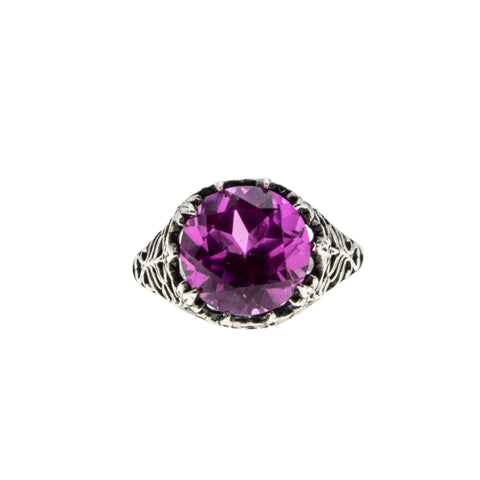 Pretty In Pink - Estate Edwardian Revival Sterling Silver Lab Created Pink Sapphire Filigree Ring (ER379)