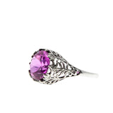 Pretty In Pink - Estate Edwardian Revival Sterling Silver Lab Created Pink Sapphire Filigree Ring (ER379)