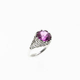 Pretty In Pink - Estate Edwardian Revival Sterling Silver Lab Created Pink Sapphire Filigree Ring (ER379)