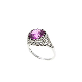 Pretty In Pink - Estate Edwardian Revival Sterling Silver Lab Created Pink Sapphire Filigree Ring (ER379)