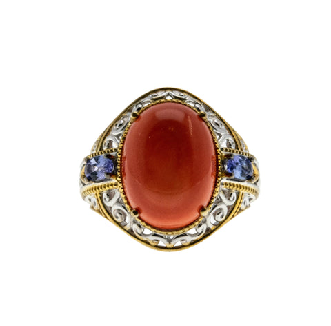 Violets By The Sea - Estate Gold Plate Over Sterling Silver Genuine Coral Tanzanite Ring (ER381)
