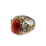 Violets By The Sea - Estate Gold Plate Over Sterling Silver Genuine Coral Tanzanite Ring (ER381)