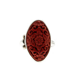 All In Red - Vintage Sterling Silver Genuine Carved Cinnabar Floral Marquise Ring (VR1021)