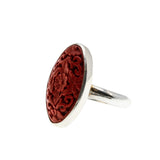 All In Red - Vintage Sterling Silver Genuine Carved Cinnabar Floral Marquise Ring (VR1021)