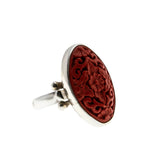 All In Red - Vintage Sterling Silver Genuine Carved Cinnabar Floral Marquise Ring (VR1021)