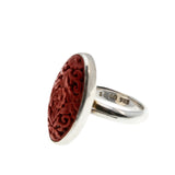 All In Red - Vintage Sterling Silver Genuine Carved Cinnabar Floral Marquise Ring (VR1021)