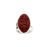 All In Red - Vintage Sterling Silver Genuine Carved Cinnabar Floral Marquise Ring (VR1021)