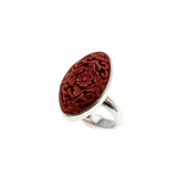 All In Red - Vintage Sterling Silver Genuine Carved Cinnabar Floral Marquise Ring (VR1021)