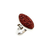 All In Red - Vintage Sterling Silver Genuine Carved Cinnabar Floral Marquise Ring (VR1021)