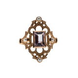Lavender & Roses - Estate Rose Gold Plate Over Sterling Silver Natural Amethyst & Seed Pearl  Intricate Ring (ER385)