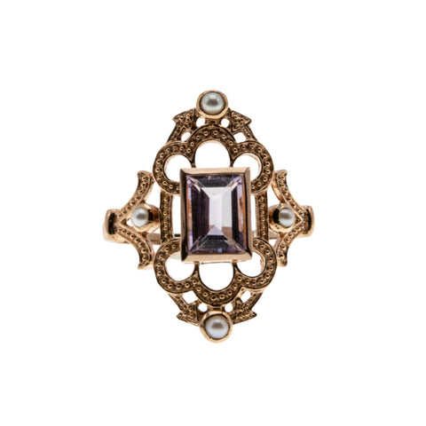 Lavender & Roses - Estate Rose Gold Plate Over Sterling Silver Natural Amethyst & Seed Pearl  Intricate Ring (ER385)