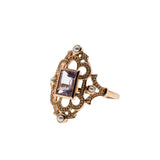Lavender & Roses - Estate Rose Gold Plate Over Sterling Silver Natural Amethyst & Seed Pearl  Intricate Ring (ER385)