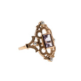 Lavender & Roses - Estate Rose Gold Plate Over Sterling Silver Natural Amethyst & Seed Pearl  Intricate Ring (ER385)