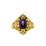 Purple Royale - Estate 24K Gold Plate Over Sterling Silver Natural Amethyst, White Topaz & Seed Pearl Ring (ER386)