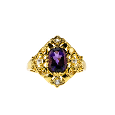 Purple Royale - Estate 24K Gold Plate Over Sterling Silver Natural Amethyst, White Topaz & Seed Pearl Ring (ER386)