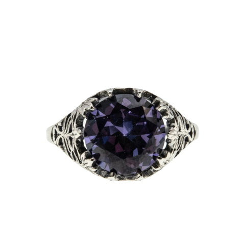 Colour Change Jewel - Estate Sterling Silver Lab Created Alexandrite Filigree Ring (ER387)