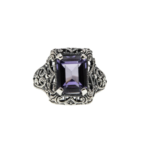 Colour Change Treasure - Estate Sterling Silver Lab Created Alexandrite Filigree Ring (ER388)