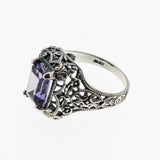 Colour Change Treasure - Estate Sterling Silver Lab Created Alexandrite Filigree Ring (ER388)