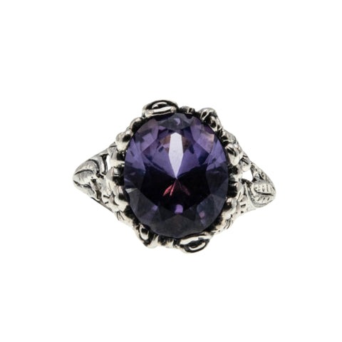 Changes - Estate Sterling Silver Lab Created Alexandrite Floral Filigree Ring (ER389)