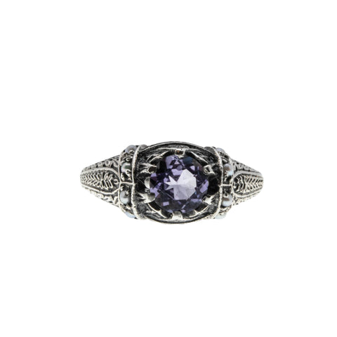 Ocean Tide - Estate Sterling Silver Lab Created Alexandrite & Seed Pearl Ring (ER390)