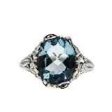 Victorian Art Nouveau Revival - Estate Sterling Silver Natural Sky Blue Topaz Floral Open-Work Ring (ER391)
