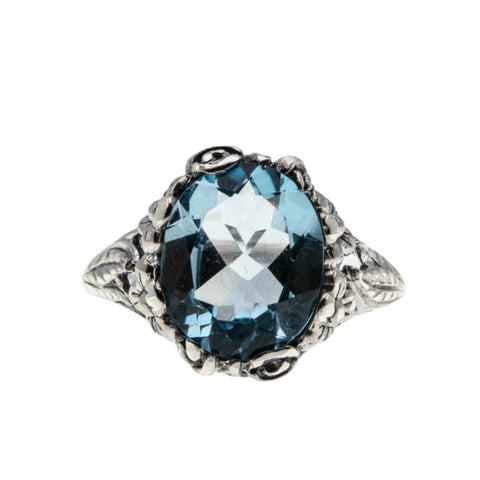 Victorian Art Nouveau Revival - Estate Sterling Silver Natural Sky Blue Topaz Floral Open-Work Ring (ER391)