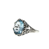 Victorian Art Nouveau Revival - Estate Sterling Silver Natural Sky Blue Topaz Floral Open-Work Ring (ER391)