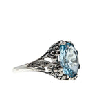Victorian Art Nouveau Revival - Estate Sterling Silver Natural Sky Blue Topaz Floral Open-Work Ring (ER391)