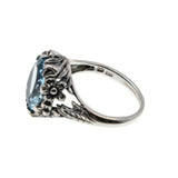 Victorian Art Nouveau Revival - Estate Sterling Silver Natural Sky Blue Topaz Floral Open-Work Ring (ER391)