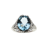 Victorian Art Nouveau Revival - Estate Sterling Silver Natural Sky Blue Topaz Floral Open-Work Ring (ER391)