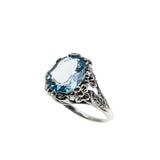 Victorian Art Nouveau Revival - Estate Sterling Silver Natural Sky Blue Topaz Floral Open-Work Ring (ER391)