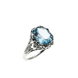 Victorian Art Nouveau Revival - Estate Sterling Silver Natural Sky Blue Topaz Floral Open-Work Ring (ER391)