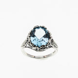 Victorian Art Nouveau Revival - Estate Sterling Silver Natural Sky Blue Topaz Floral Open-Work Ring (ER391)