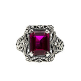 Lady In Red - Estate Sterling Silver Emerald Cut Ruby  Filigree Ring (ER393)