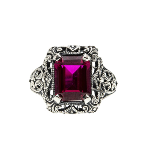 Lady In Red - Estate Sterling Silver Emerald Cut Ruby  Filigree Ring (ER393)