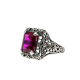 Lady In Red - Estate Sterling Silver Emerald Cut Ruby  Filigree Ring (ER393)