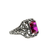 Lady In Red - Estate Sterling Silver Emerald Cut Ruby  Filigree Ring (ER393)