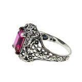 Lady In Red - Estate Sterling Silver Emerald Cut Ruby  Filigree Ring (ER393)