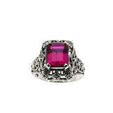 Lady In Red - Estate Sterling Silver Emerald Cut Ruby  Filigree Ring (ER393)