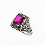 Lady In Red - Estate Sterling Silver Emerald Cut Ruby  Filigree Ring (ER393)
