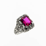 Lady In Red - Estate Sterling Silver Emerald Cut Ruby  Filigree Ring (ER393)