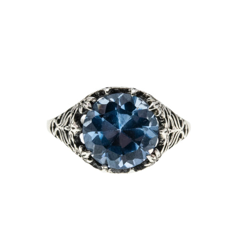 French Blue - Estate Sterling Silver Lab Created Blue Spinel Filigree Ring (ER394)