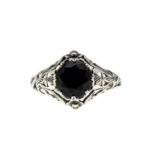 Blacker Than Black - Estate Sterling Silver Natural Black Onyx Scottish Thistle Ring (ER395)