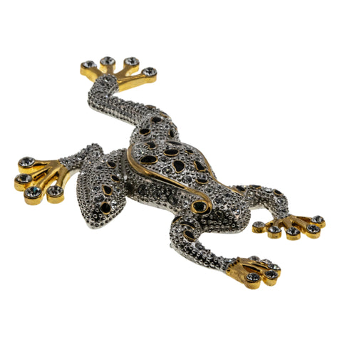 Froggy Prince - Vintage Gold Plate Over Silver Crystal Rhinestone Black Enamel Frog Brooch (VBR307)