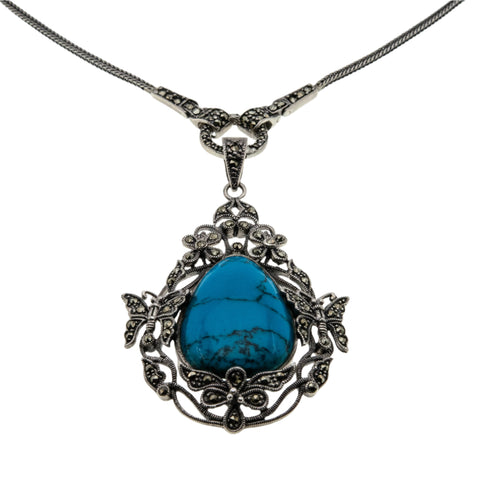 Butterfly Wishes - Vintage Sterling Silver Turquoise & Marcasite Necklace (VN225)