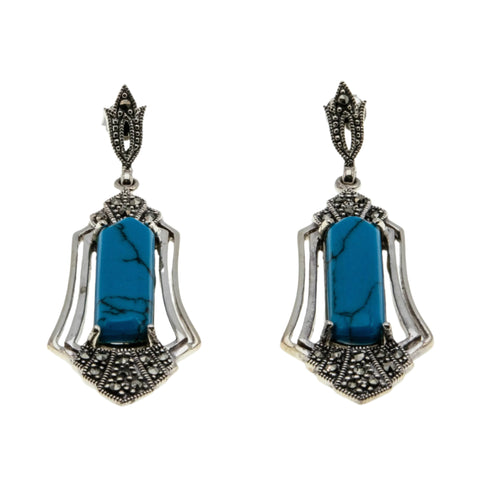 Art Deco Revival - Vintage Sterling Silver Turquoise & Marcasite Dangly Earrings (VE478)