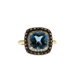 Sea & Earth - Vintage 10K Gold Natural London Blue Topaz, Diamond & Smoky Quartz Cluster Ring (VR1025)