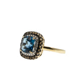 Sea & Earth - Vintage 10K Gold Natural London Blue Topaz, Diamond & Smoky Quartz Cluster Ring (VR1025)