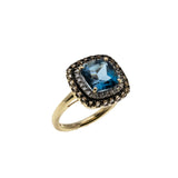 Sea & Earth - Vintage 10K Gold Natural London Blue Topaz, Diamond & Smoky Quartz Cluster Ring (VR1025)